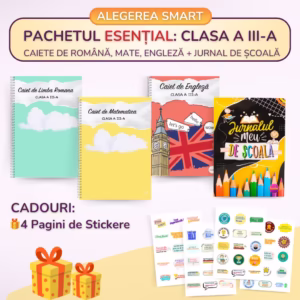Pachet Esențial Clasa a III-a: Caiete de Română, Mate, Engleză, Jurnal de Școală + 4 Pagini de Stickere CADOU