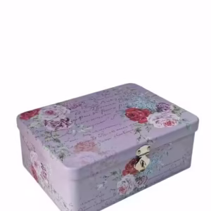 Cutie Decorativa Metalica cu lacat, Patrata, Model Flowers, 21x15.4x7.8cm, mov
